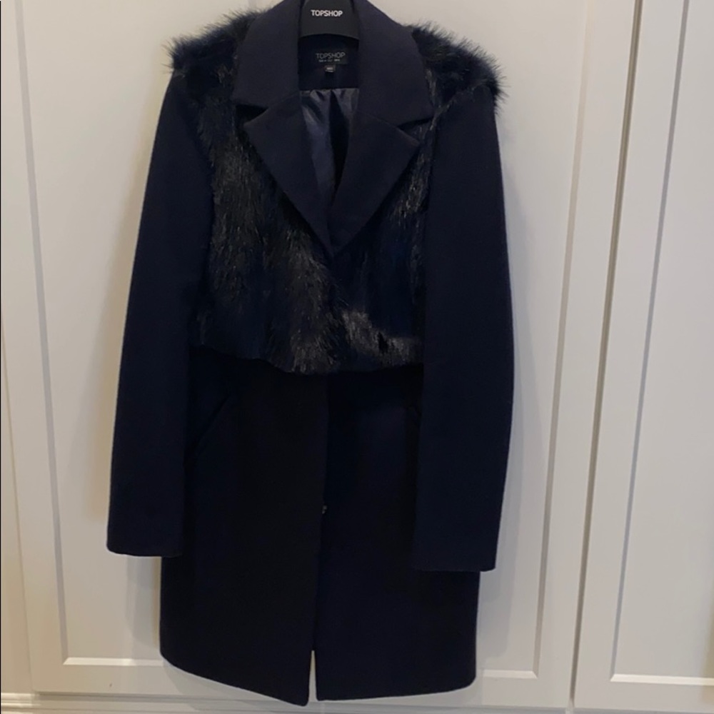 Navy wool coat with faux fur